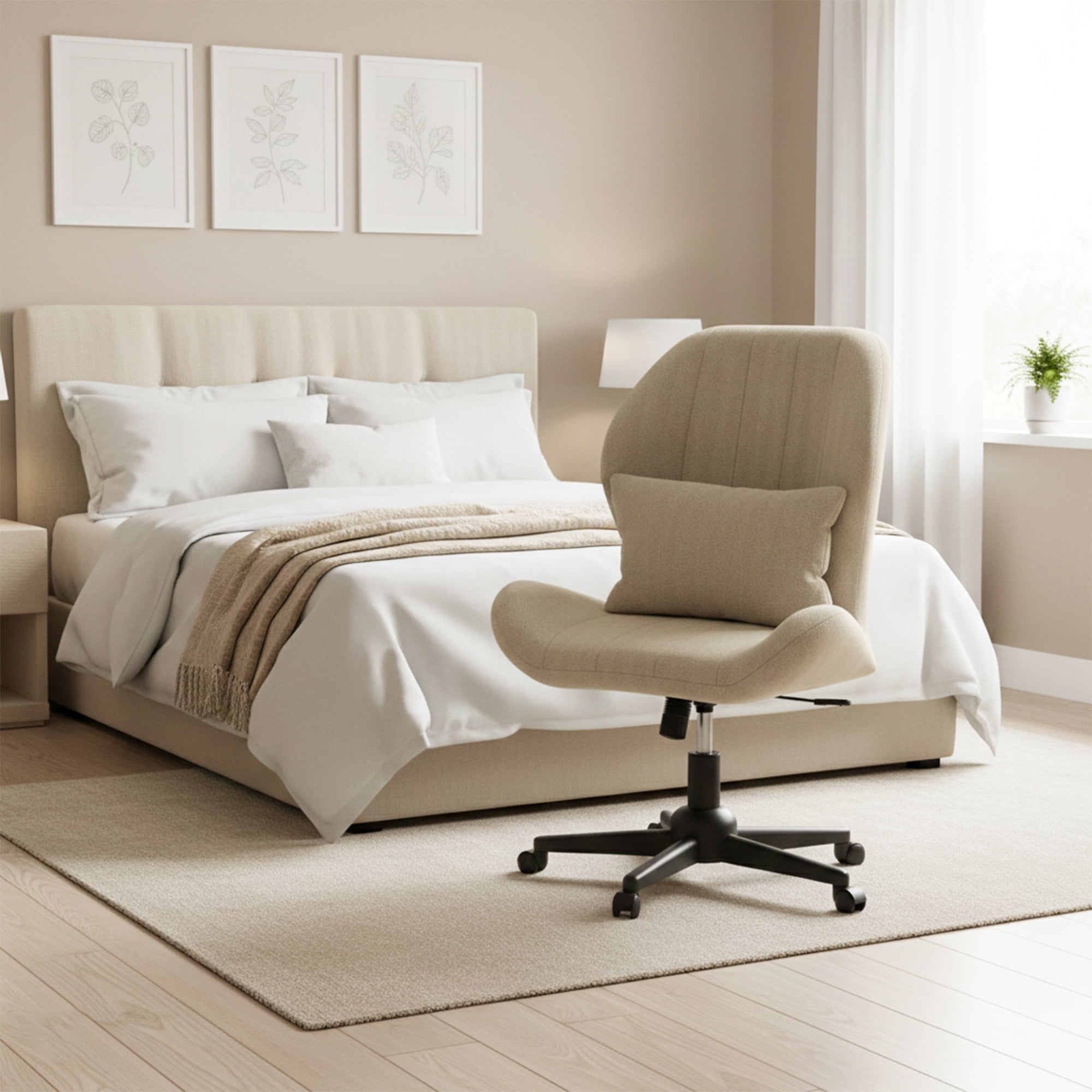 YIKEMA High Back Armless Rolling Office Chair, Wide Ergonomic Seat, Oatmeal