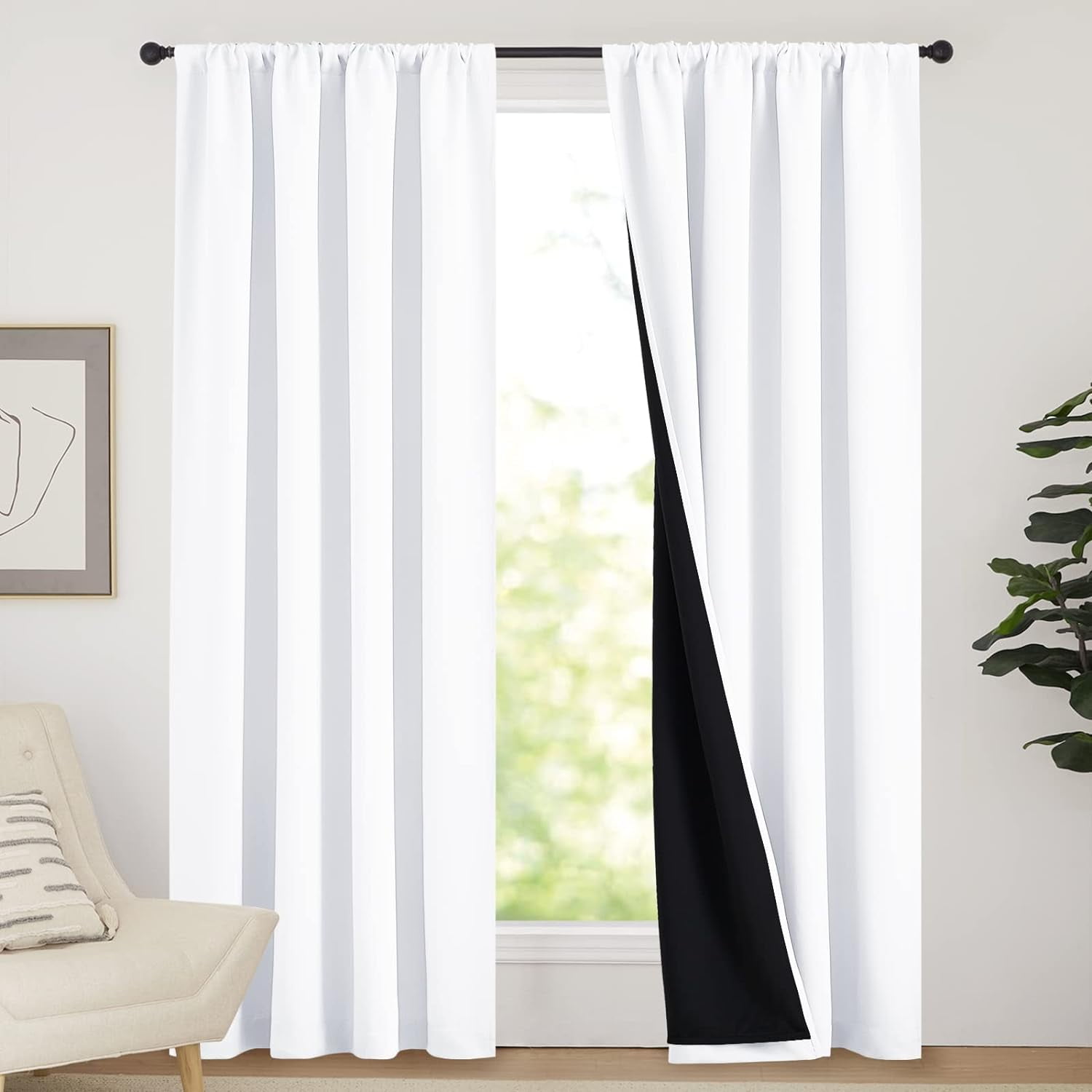 NICETOWN 100% Blackout Window Curtain Panels, Privacy Protection Noise Reducing Rod Pocket Drapes Black Lined Insulated Window Treatment Curtains, White, 52"x84", 2 Panels