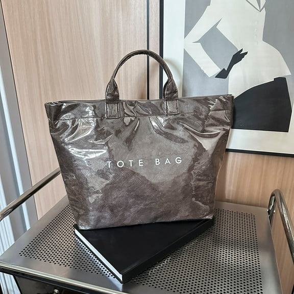 PVC Tote Bag for Women, Large Plastic Tote Bag for Work, Letter Print Handbag Work Handbag Purse for Commute Travel, Waterproof Tear-Proof Tote Bag, Large-Capacity