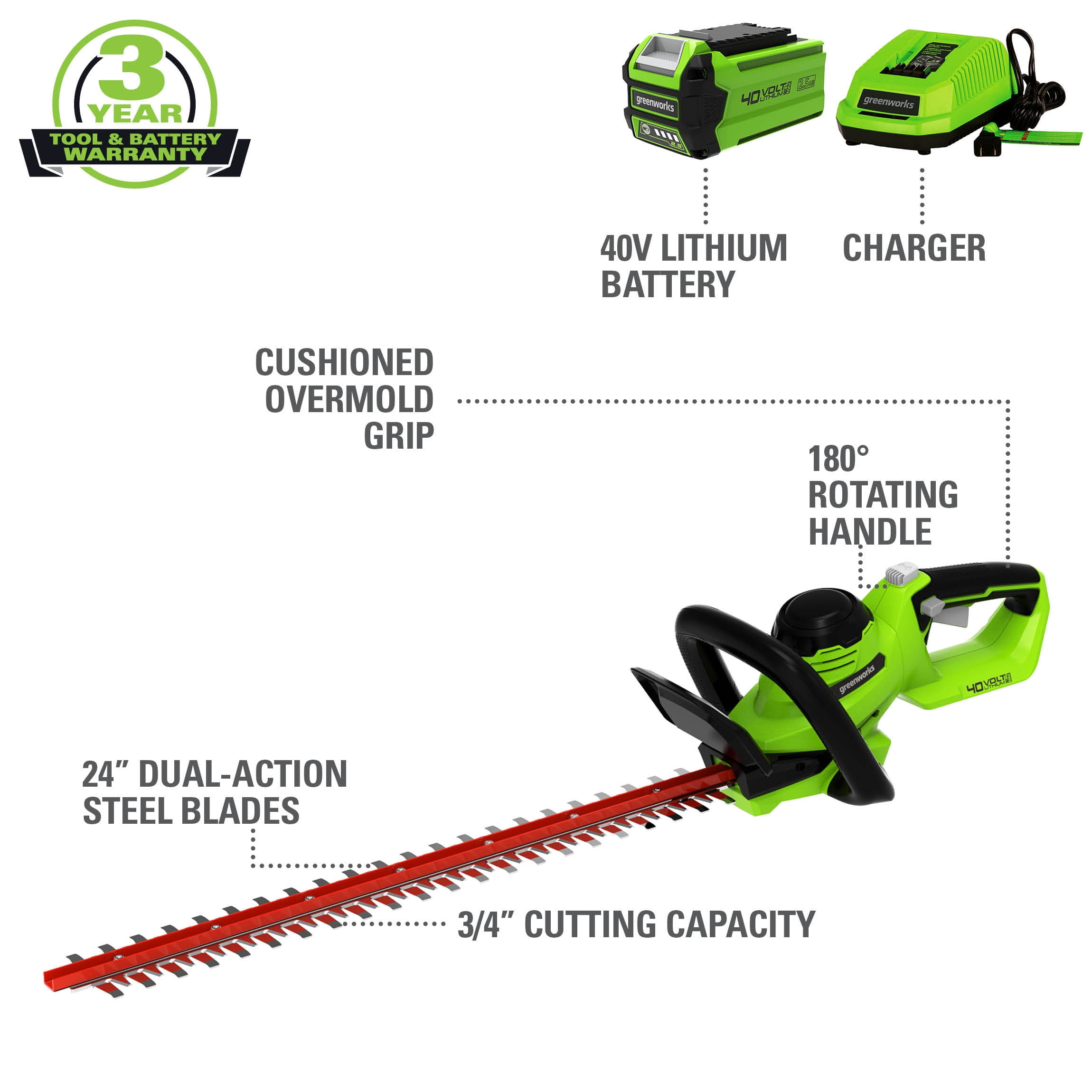 Greenworks 40V 24-inch Hedge Trimmer with 2.5 Ah Battery and Quick Charger, 2207902