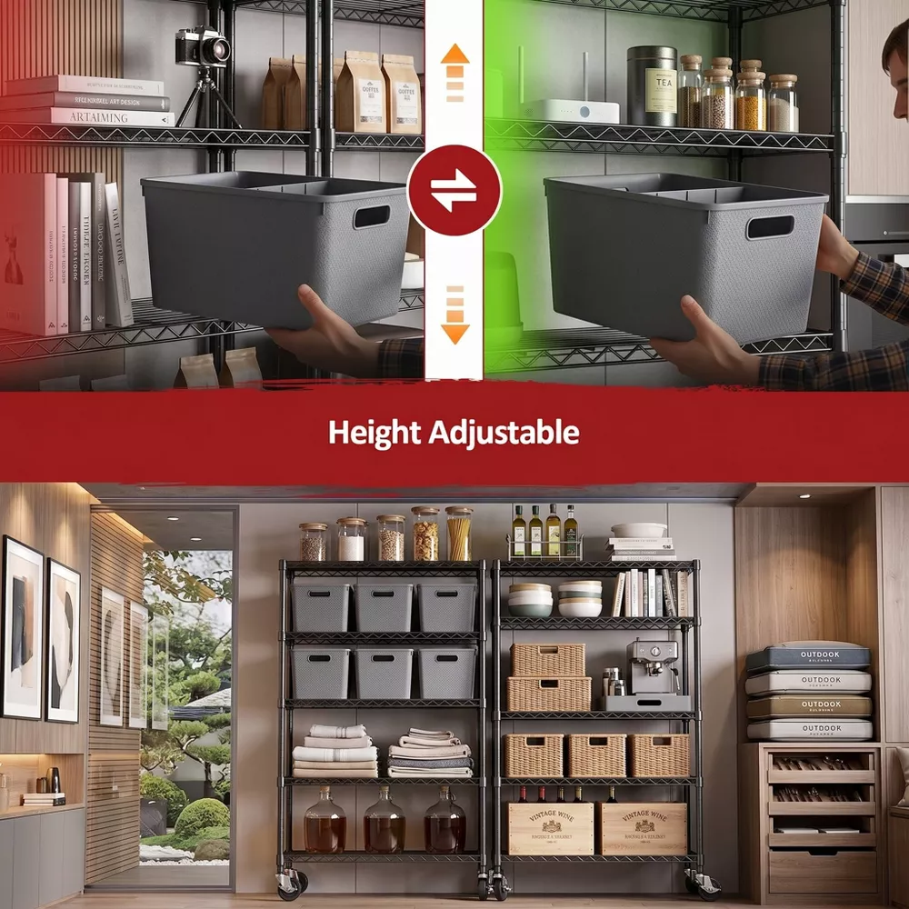 Sailvan 46"W 5-Tier Metal Wire Shelving Unit with Wheels, 1000LBS Heavy Duty Storage Shelves for Garage Kitchen Pantry, 18"Dx46"Wx72"H,Silver