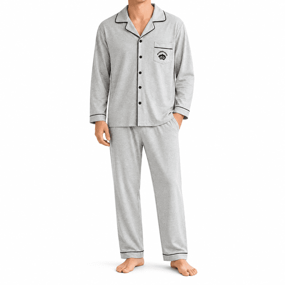 Kyntgho Men's Two Piece Pajama Set, Long Sleeve Button Front Pajama Shirt with Piping and Straight Pants