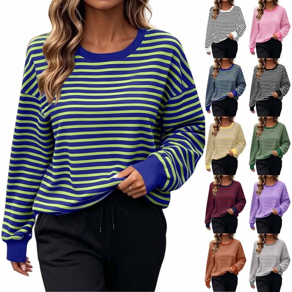 Horkkom Sweatshirt for Women Crewneck Striped Print Pullover Sweatshirts Casual Loose Comfy Sweat Shirts L