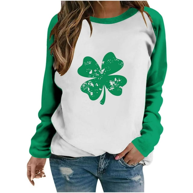 FAIWAD Womens Plus Size Tunic Tops St. Patrick's Day Long Sleeve Color Block Graphic Print Pullover Tops