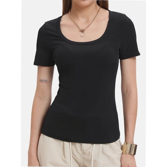 Women's Summer Scoop Neck Short Sleeve T-Shirts Ribbed Knit Slim Fitted Casual Basic Top