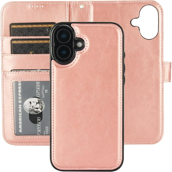 Detachable Wallet Case for iPhone 16 Plus RFID Blocking Card Slots Holder Premium PU Leather Magnetic Kickstand Shockproof Wrist Strap Removable Flip Protective Cover 5G 6.7 inch (Rose Gold)