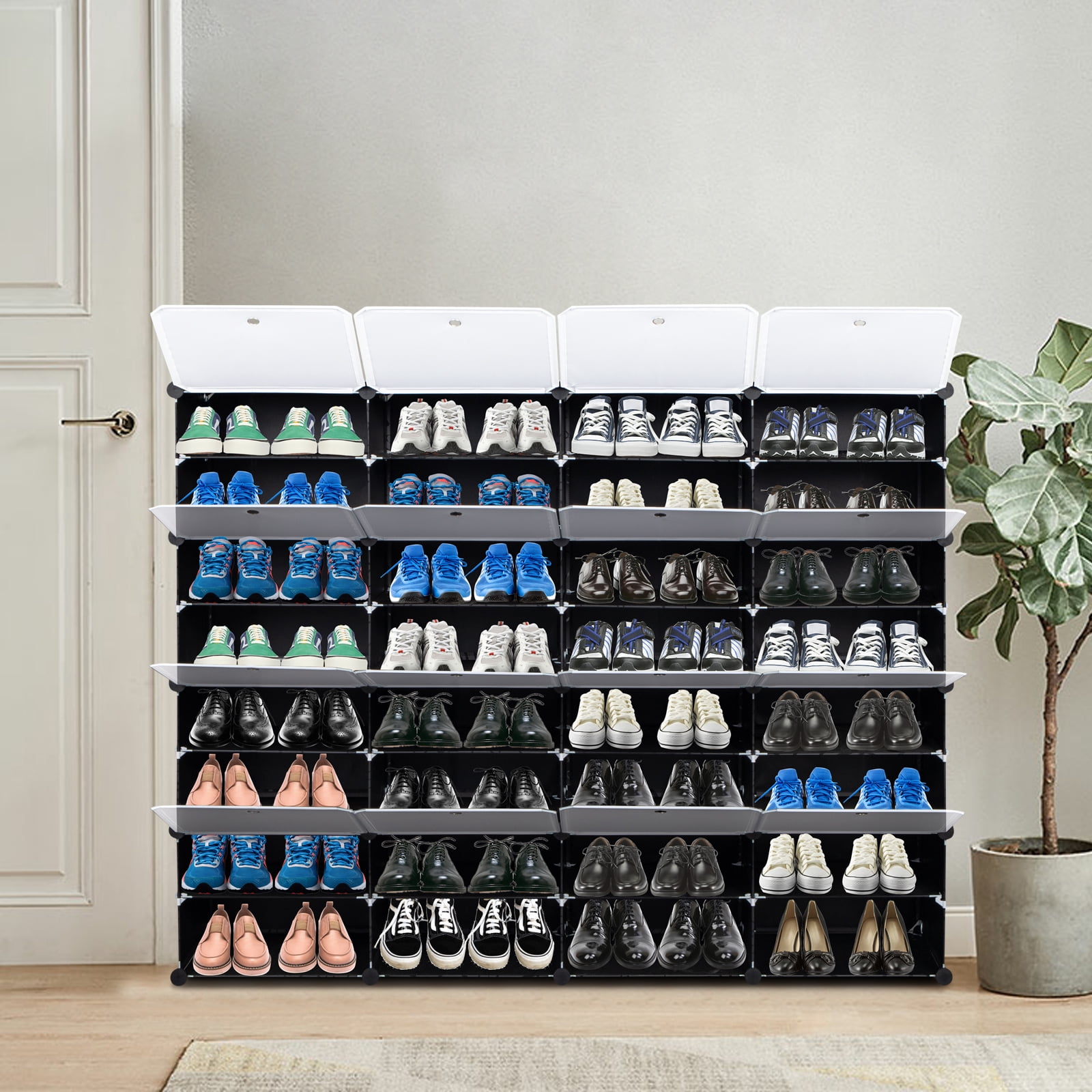 Hassch 8-Tier Portable 64 Pair Shoe Rack Organizer 32 Grids Tower Shelf Storage Cabinet Stand Expandable for Heels, Boots, Slippers, Black