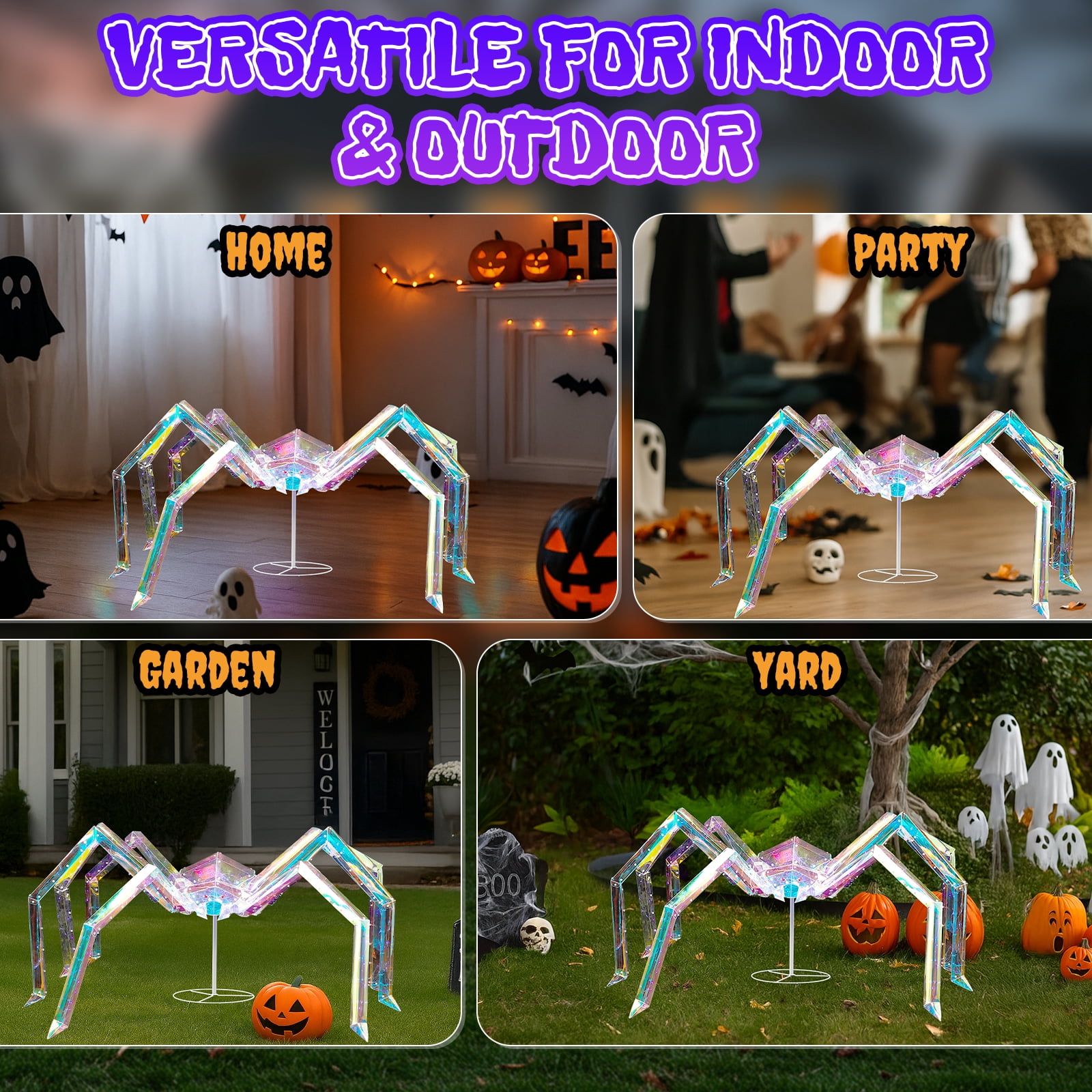 3FT Halloween Decorations Light Up Spider, Outdoor Halloween Decor Lighted Iridescent Spider, Weather Proof Pre-lit Spider with 340 LED Lights, for Front Yard Porch Gardens Lawns Party
