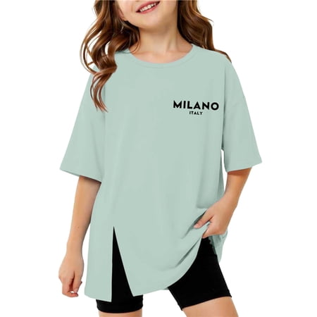BUWTTER Girls Tshirts Fashion Casual Split Short Sleeve Round Neck Blouse Top Everyday Play School Wear Green Shirt Size 6-7 Y