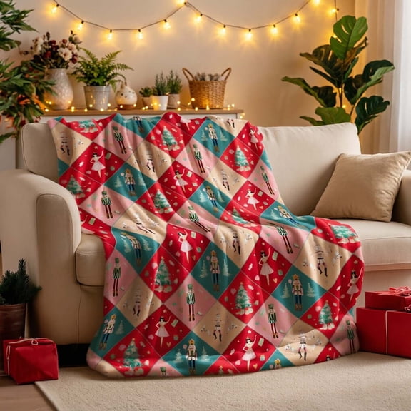 Nutcracker Diamond Throw Blanket for Couch or Bed, Soft Flannel Washable Decor Cover, Washable Blanket for Festive Use.