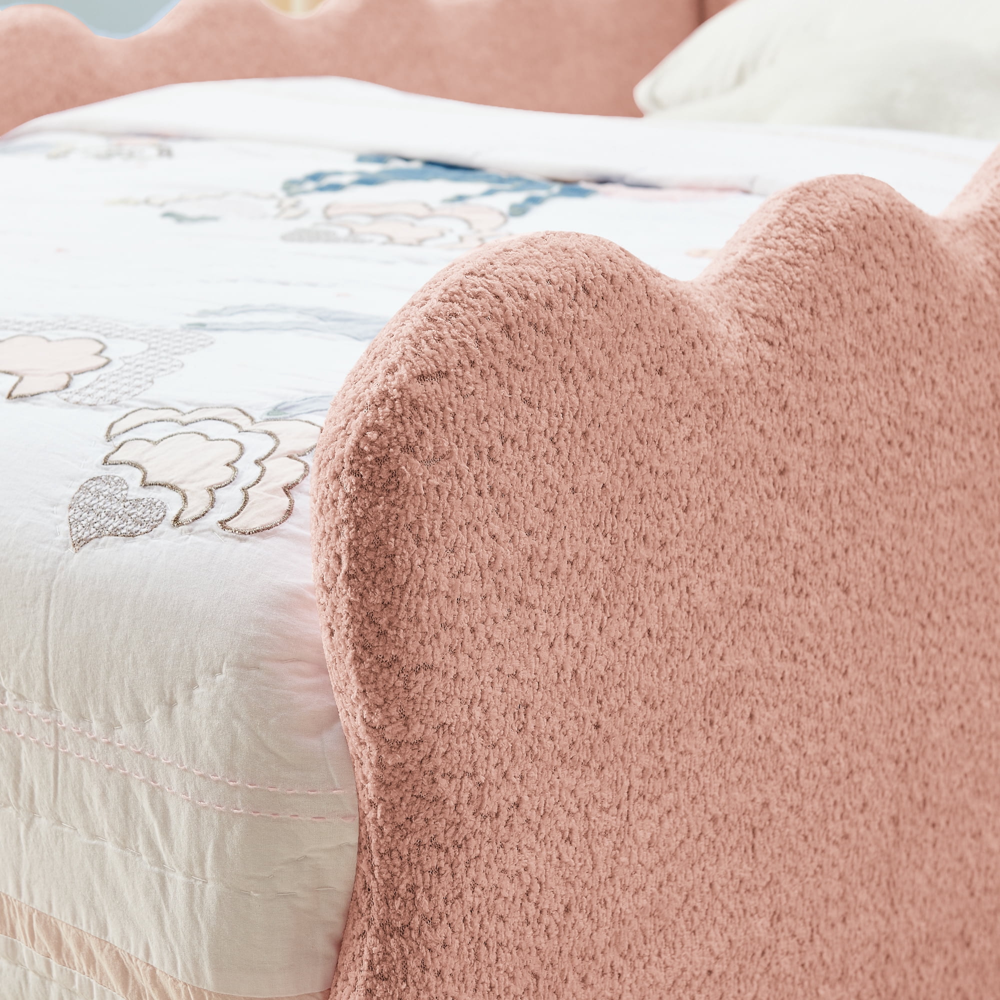 Avobird Twin Size Cute Dinosaur-Shaped Kids Bed with Safety Guardraild, Solid Wood Toddler Bed Frame for Children for Bedroom, Boucle Fabric, Pink