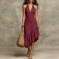 thumbnail image 3 of Efsteb Summer Dresses for Women Halter V-Neck Asymmetric Ruffle Midi Dress Solid Color Sleeveless Casual Dress for Office and Daily (Wine,S), 3 of 6