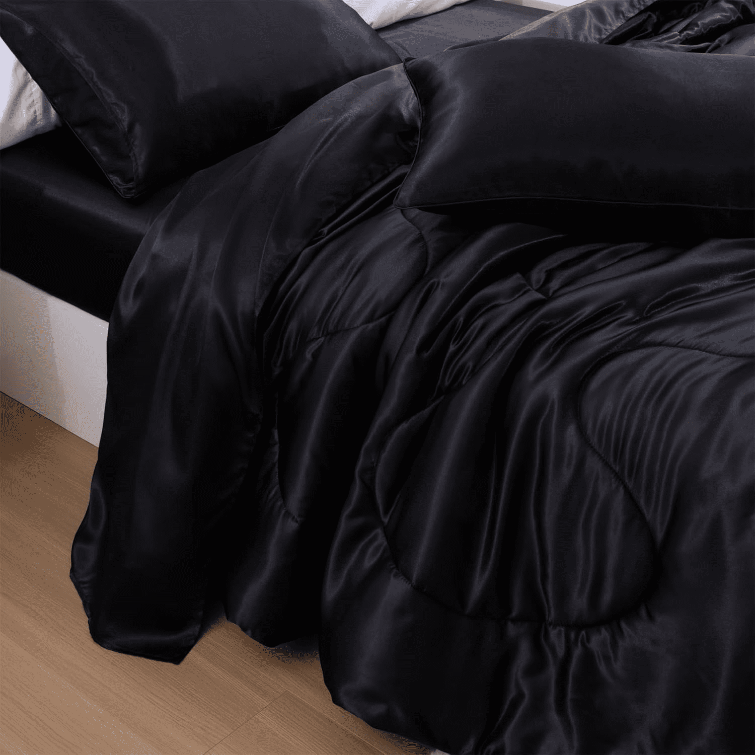 Btargot Satin Silky Soft Luxury Queen Comforter Set Solid Luxury Lightweight Bedding Set Black