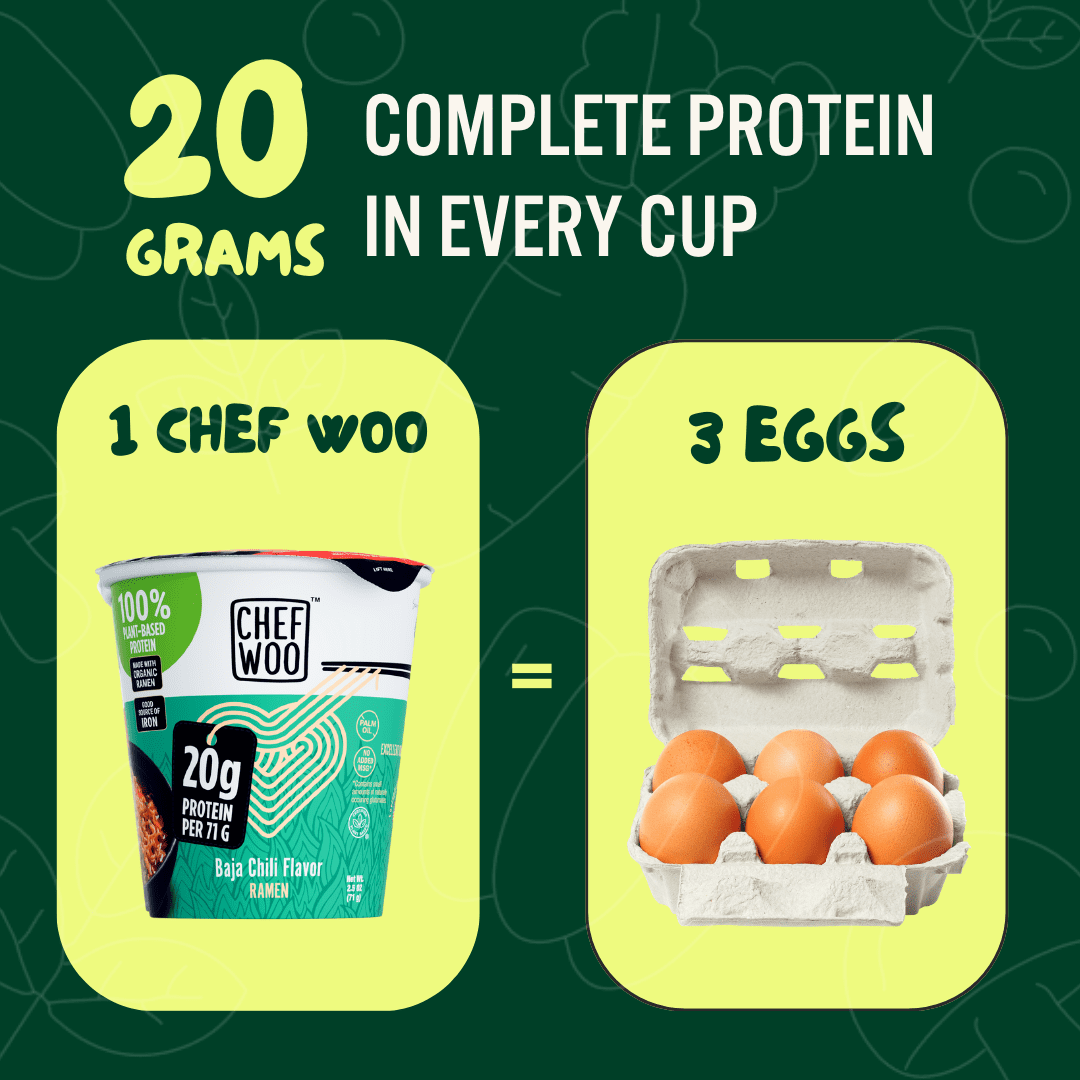(6 pack) CHEF WOO Baja Chili Ramen, High Protein Noodles, 20g of Animal-free, Bioavailable Protein, 2.5 oz Cup