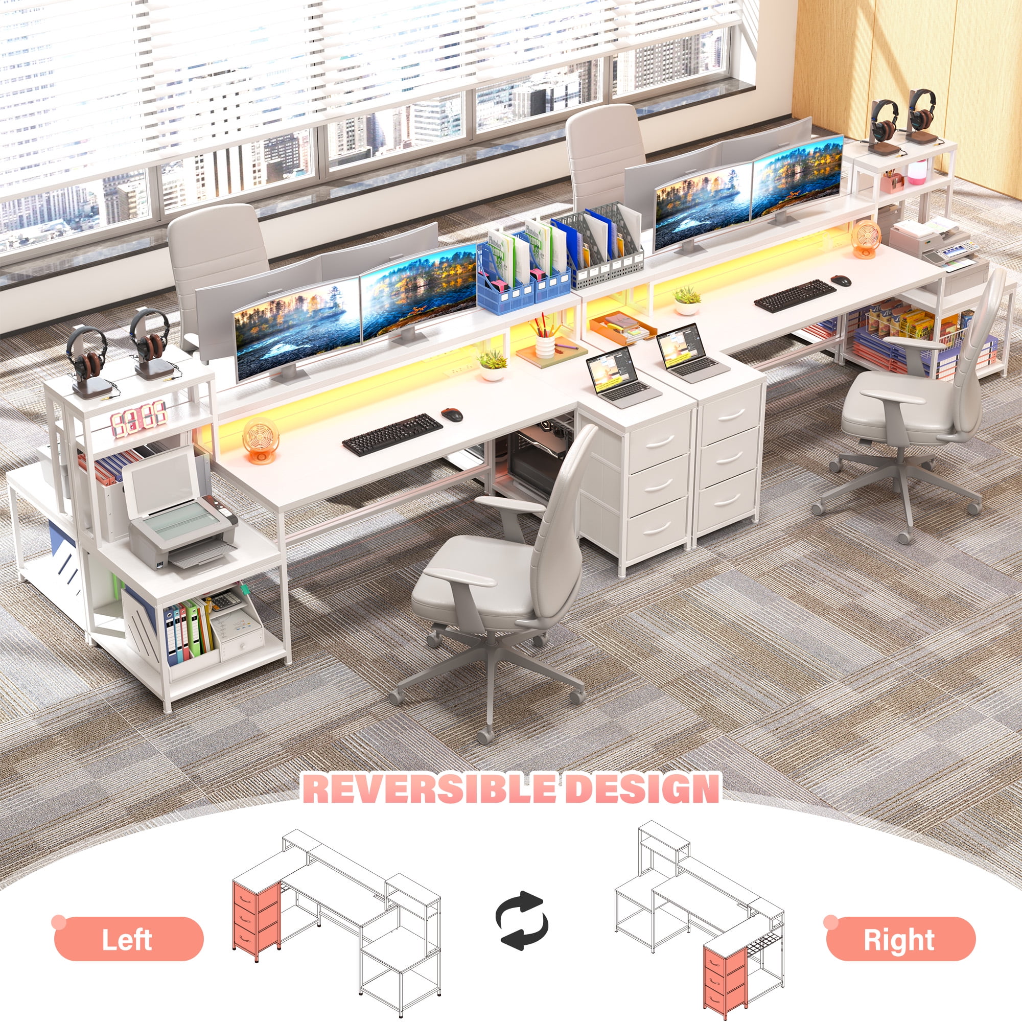 EnHomee 70.9" L Shaped Gaming Desk with Power Outlet & LED Lights, Computer Desk with Storage Shelves and Monitor Stand, White