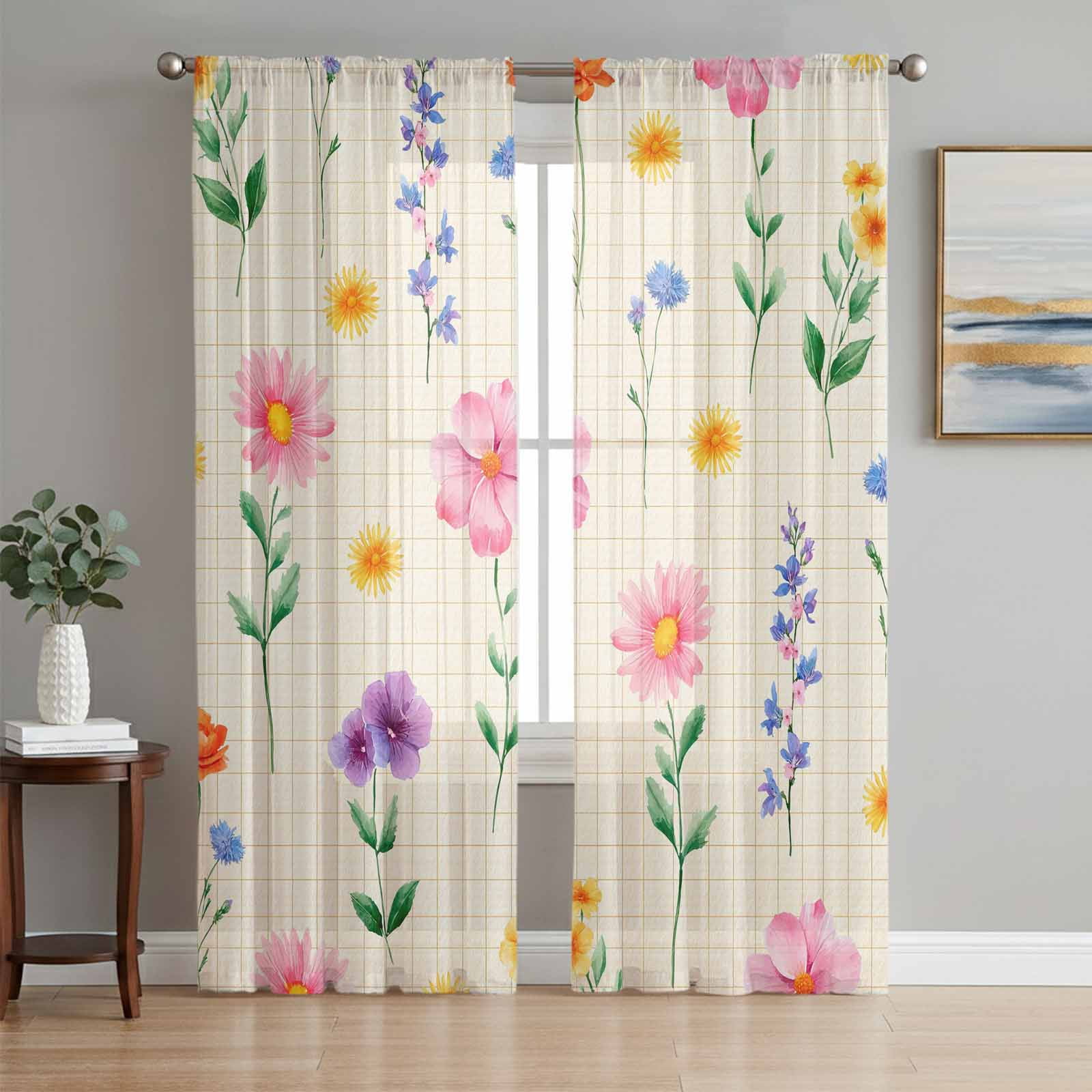 Summer Floral Semi Sheer Curtains 84 Inch Length 2 Panels Set Pink Wildflowers Country Botanical Retro Plaid Sheer Kitchen Curtain Privacy Voile Window Curtain for Living Room Bedroom Drapes