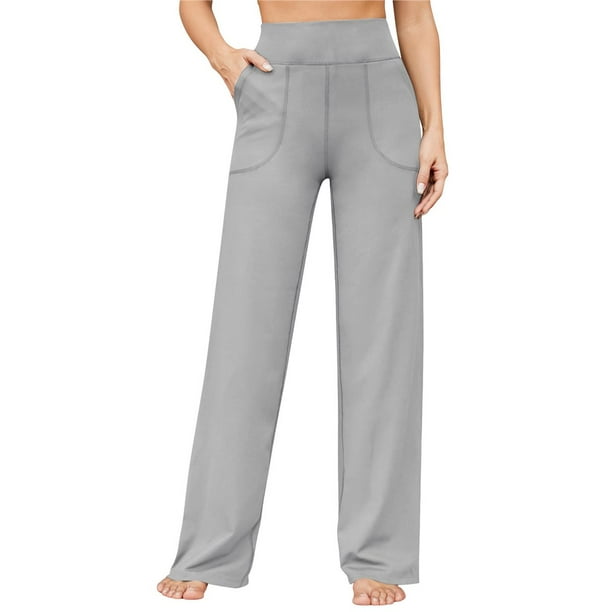 Pantalones Pierna para Mujer Pantalones Yoga Cintura Alta con Bolsillos Pantalones Deportivos Holgados y Elásticos para Trabajo o para Estar Cómoda en Casa Gris M