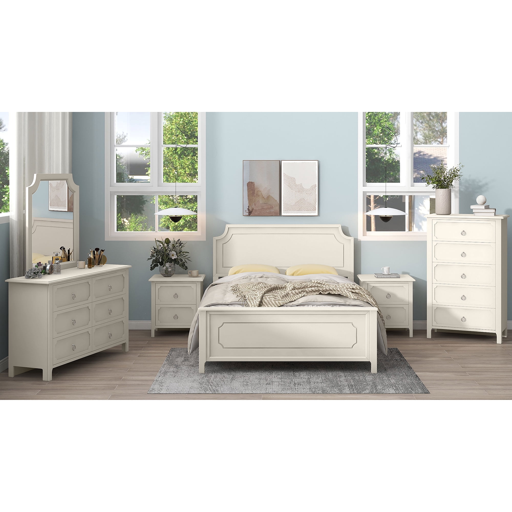 Resenkos 6 Pieces Solid Wood Bedroom Furniture Set Queen Size Platform Bed, Set of 2 Nightstand Chest, Mirror and Dresser Milky White