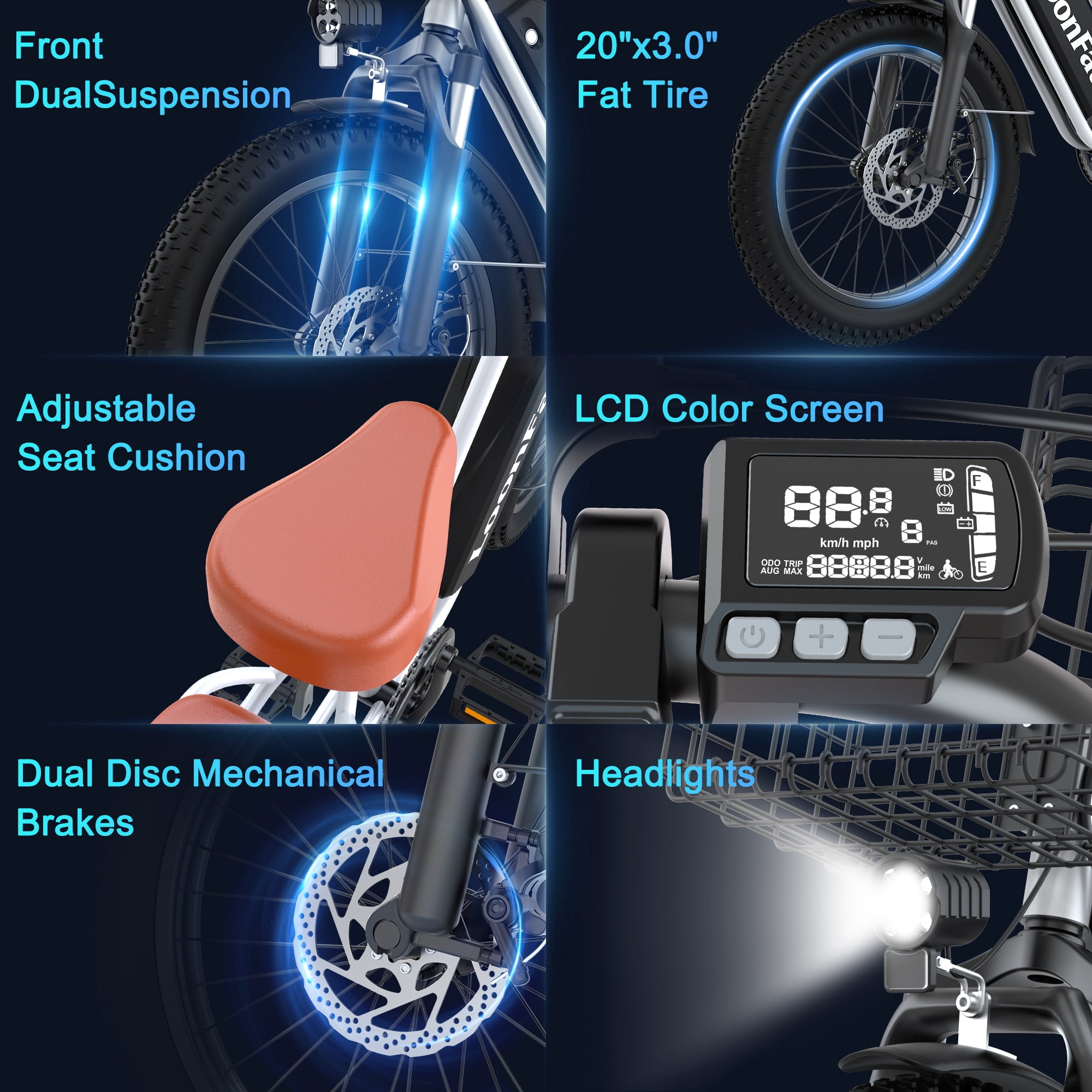 Loonfat T20 20" Fat Tire Electric Bike for Adults, 1000W Peak Motor E-Bike with 48V 15.6Ah Battery, 25MPH, 7-Speed, Mechanical Disc Brakes, Commuter E-Bike for Urban & Outdoor Adventures