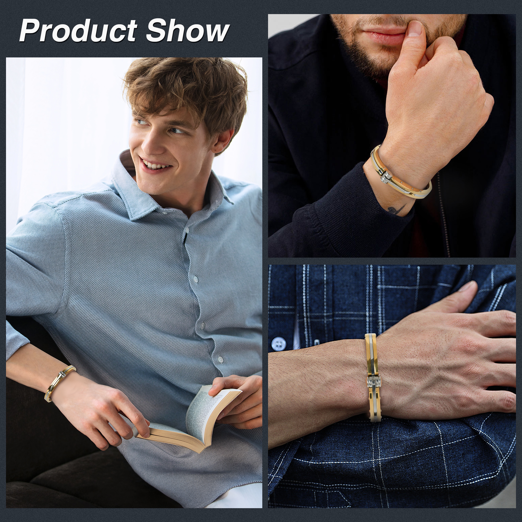 My Daily Styles Men’s Stainless Steel Handcuff Bracelet – Two-Tone Or Solid Color, Durable Cable Link, Adjustable Fit 8"-9" Wrist, Modern Fashion Jewelry for Men (Steel-Gold)