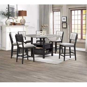 7pc Black Counter Height Dining Round Table Chair Set Gray Upholstery Furniture