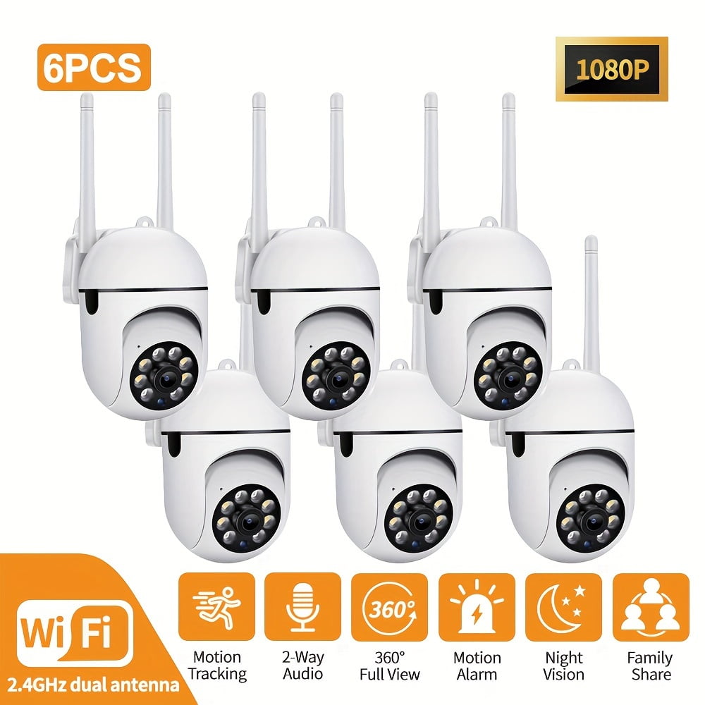 6PCS WiFi Security Camera System | 2.4G Wireless 1080P Full HD | Indoor/Outdoor, Color Night Vision, 2-Way Audio | 360° Pan/Tilt/Zoom, Motion Tracking for Home Security, Baby/Pet/Elder Monitoring