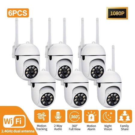6PCS WiFi Security Camera System | 2.4G Wireless 1080P Full HD | Indoor/Outdoor, Color Night Vision, 2-Way Audio | 360° Pan/Tilt/Zoom, Motion Tracking for Home Security, Baby/Pet/Elder Monitoring