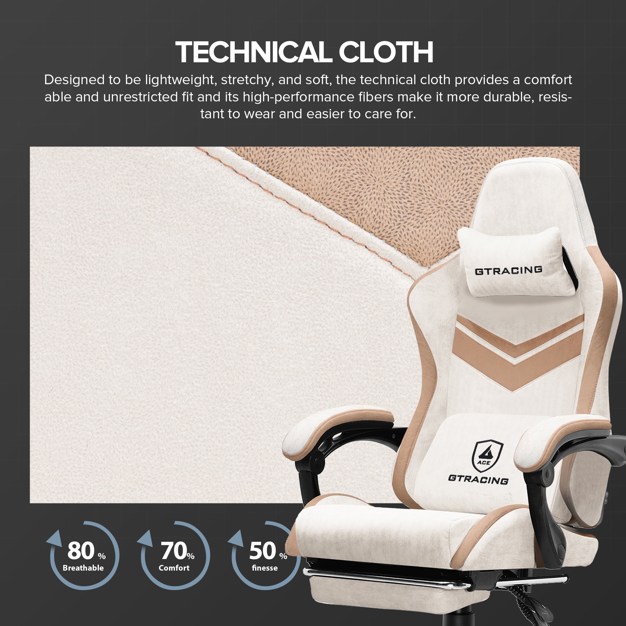 GTRACING Ergonimic Fabric Reclining Gaming Chair with Footrest and Linkage Armrests, Tan