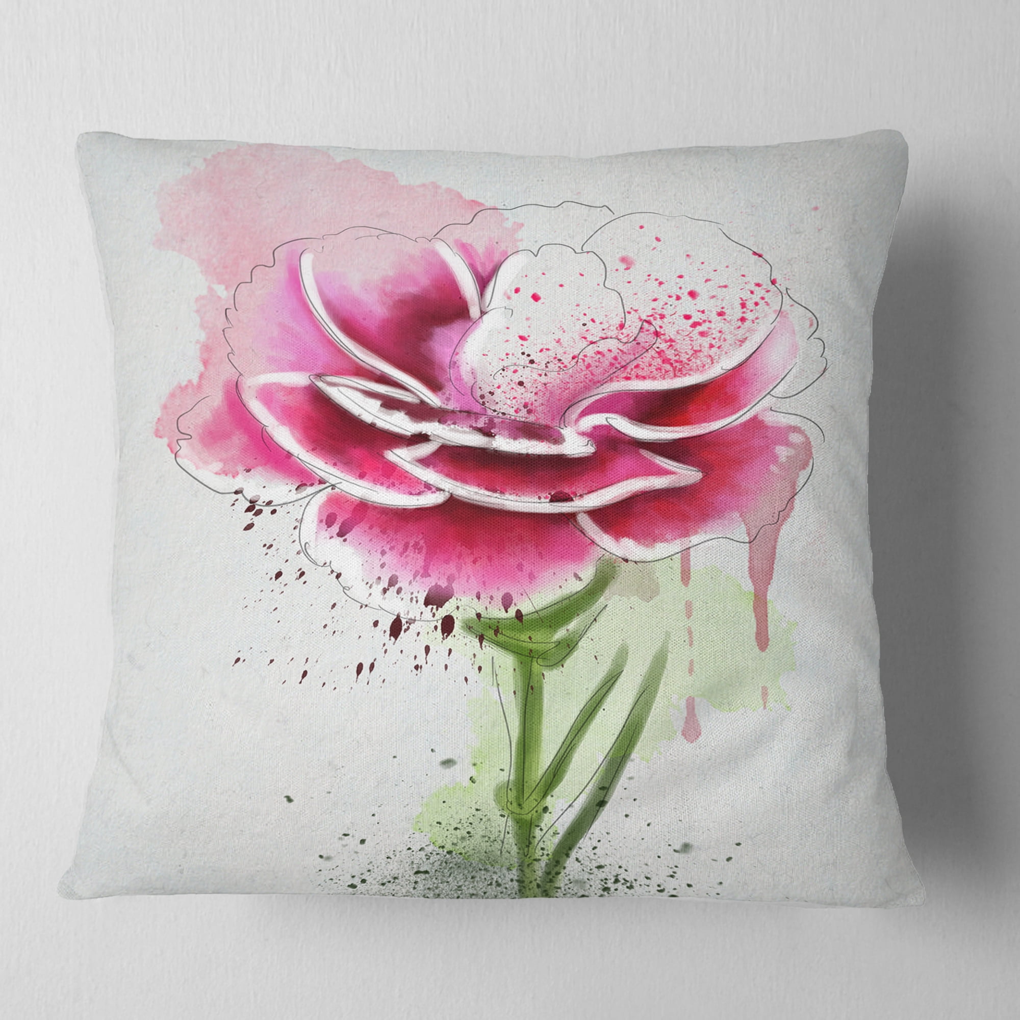 Designart Pink Hand drawn Watercolor Flower - Floral Throw Pillow - 18x18