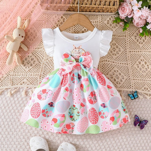 FYDUU Robes pour Bébé Fille Imprimé Lapin de Pâques Robe d'Été Manches à Volants Robe de Fête Robe d'Été Célébration de Pâques 6-9 Mois
