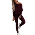 thumbnail image 1 of Opperiaya Women's 2 Pieces Ribbed Tracksuit Outfits Solid Color Off Shoulder Long Sleeve Tops Drawstring Long Pants Set, 1 of 3