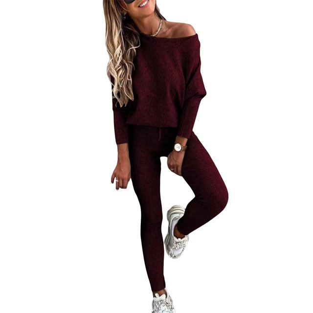 Opperiaya Women's 2 Pieces Ribbed Tracksuit Outfits Solid Color Off Shoulder Long Sleeve Tops Drawstring Long Pants Set