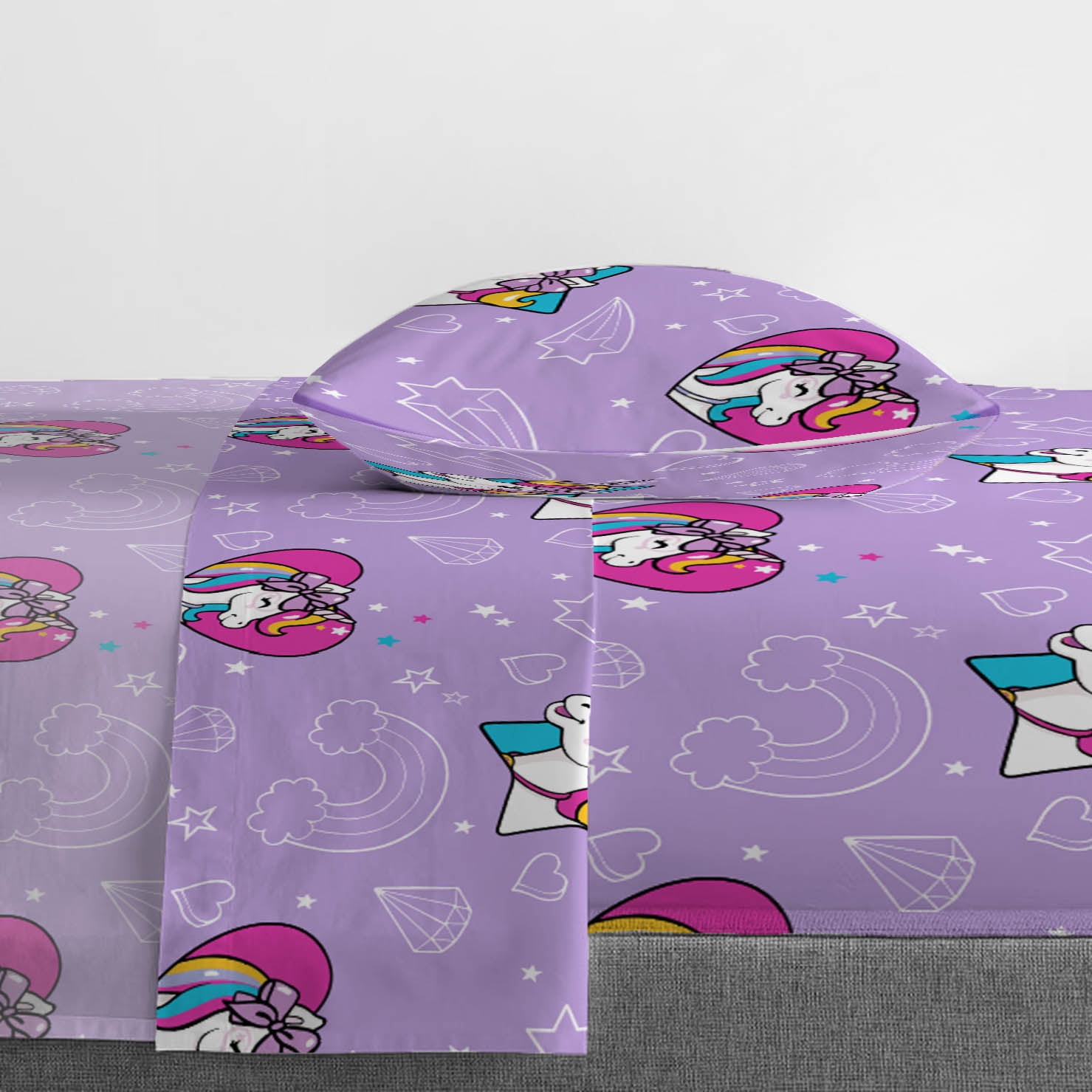 JoJo Siwa Rainbow Unicorn Bow Purple 5 Piece Full Bed Set W/Tote Bag, 100% Microfiber
