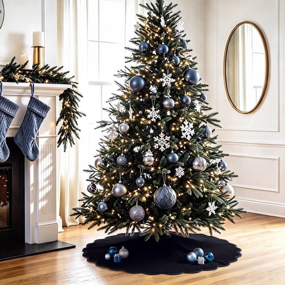 Black Christmas Tree Skirt, 48.03 in Large Scalloped Edge Tree Base Cover, Soft Winter Holiday Decoration for Christmas Home Decor
