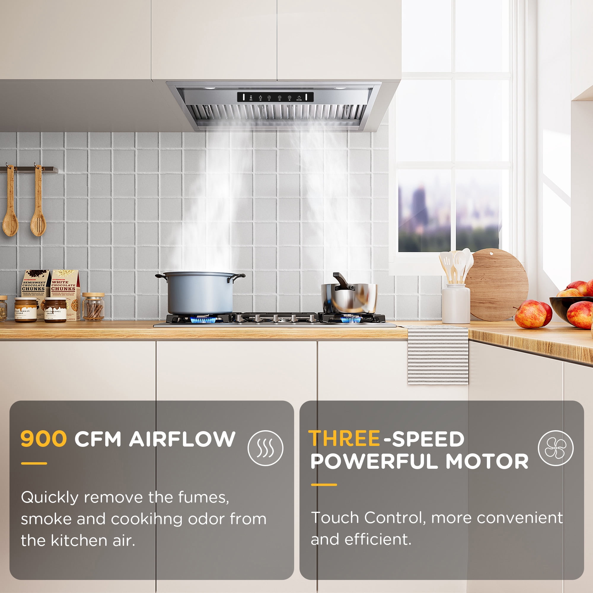 VIKIO 36 in. Insert Range Hood in Stainless Steel with 900 CFM Ventilation, Gesture and Touch Control, 3-Speed Fan, LED Lights and Convertible Ducted and Ductless Installation
