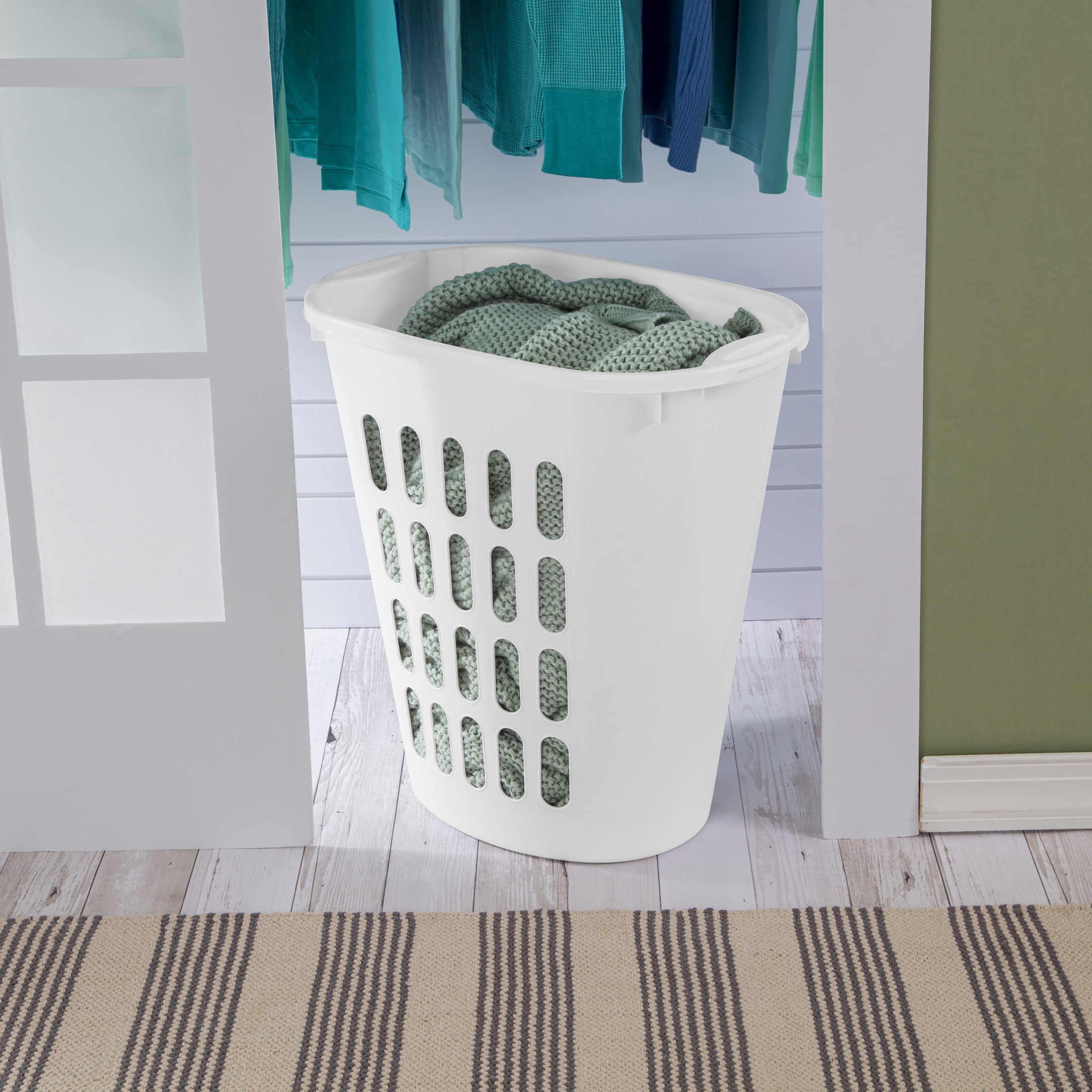 Sterilite Large Open Laundry Hamper, Plastic Oval Shape with Wide Opening and Carry Handles, White, 6 Pack