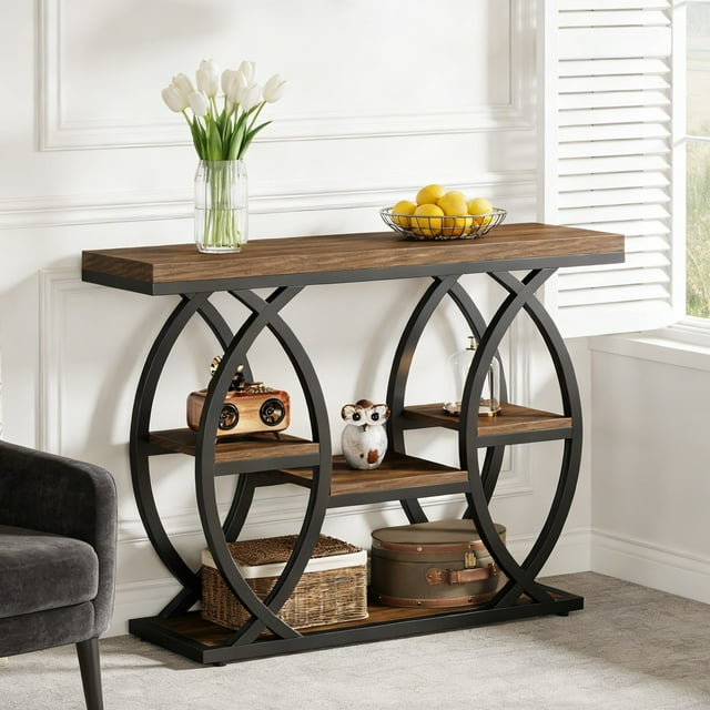 Fnova Table Console Industrielle de 39,4 Pouces, Étagères de Rangement Rétro à 4 Niveaux en Quinconce, Table d'Appoint Étroite en Bois avec Cadre en Métal, pour Petits Espaces, Entrée, Sofa, Couloir