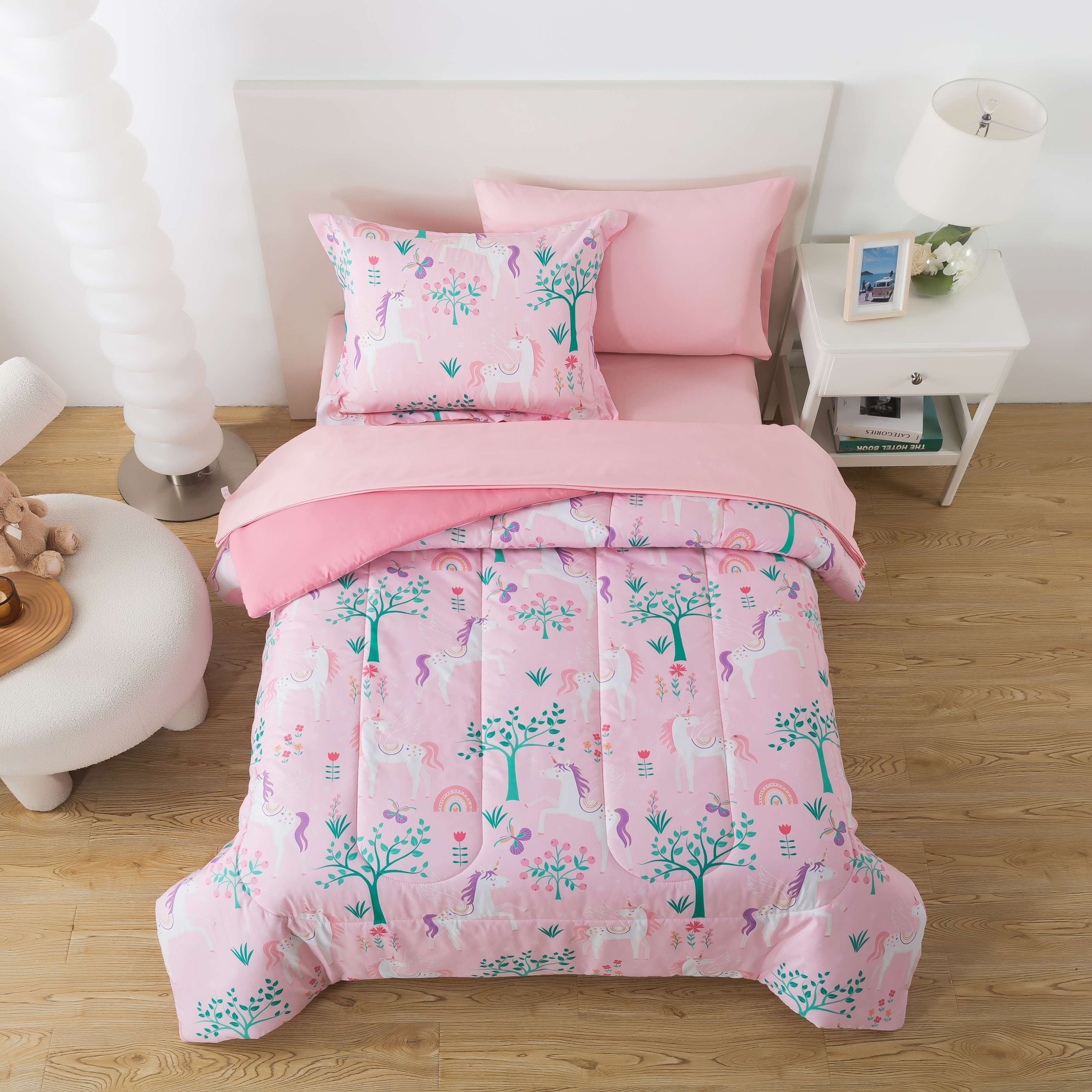 Your Zone Glow in the Dark Pink Unicorn 5-Piece Twin Bedding Set with Fabric Storage Bag