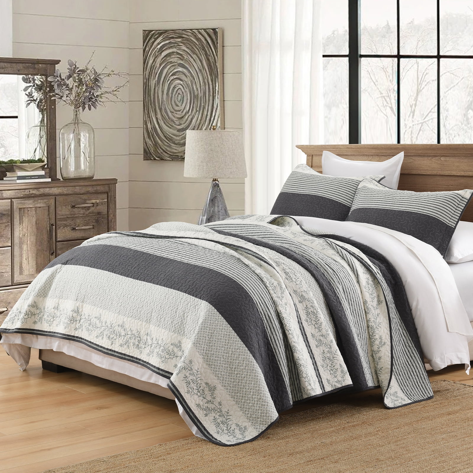 Y-PLWOMEN 100% Cotton Quilt Queen Size - Dark Gray Striped Lightweight Beige Quilt, Floral Quilted Bedspread Lightweight Comforter Set, Soft Bed Spread for Queen Bed with Pillow Shams