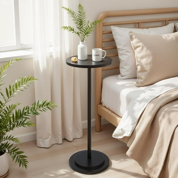 Premium Stone Round Drink Table,Heavy Duty Engineered Marble Base Top Coffee Table,Cocktail Accent End Table for Living Room, Weighted Base Small Accent Side Table for Bedroom, Corners,Black