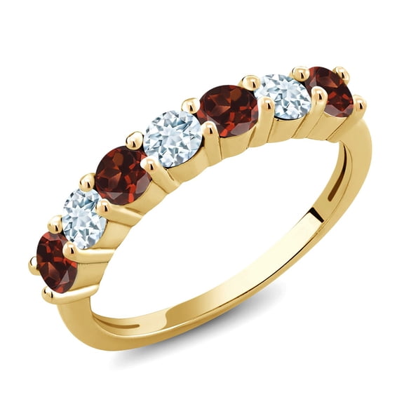 Gem Stone King 18K Yellow Gold Plated Silver Round Red Garnet Sky Blue Aquamarine Anniversary Ring for Women (1.31 Cttw, Gemstone Birthstone, Size 5) (Size 5)