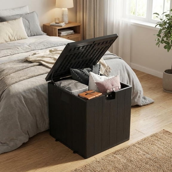 28 Gallon Weatherproof Resin Outdoor Storage Deck Box, Black Imitation Rattan Patio Bin – Lockable Lid & Handles for Cushions, Garden Tools & Pool Accessories