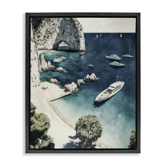 Stupell Industries Rocky Coast Boats Landscape & Nature Painting Black Floater Framed Canvas Art Print Wall Art, 17 x 21