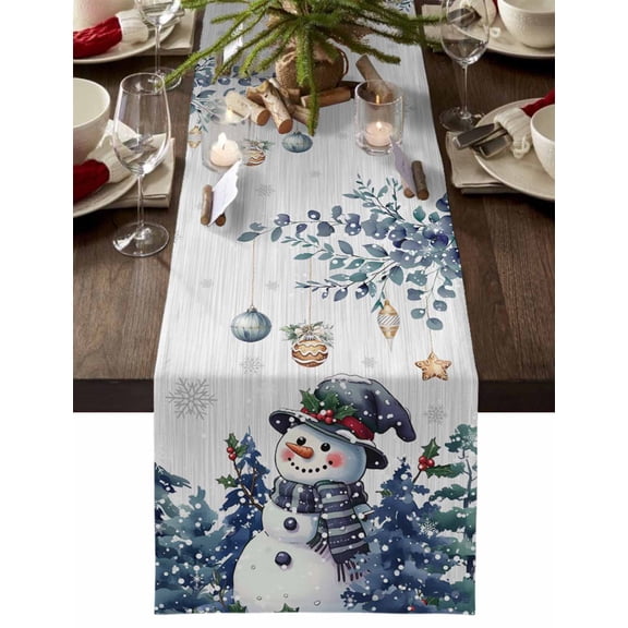 ERUNPONLY Blue Eucalyptus Christmas Table Runner - 48 Inch Long Snowman Xmas Tree Balls Grey Cotton and Linen Blended Dress Scarves Farmhouse Table Runner for Kitchen Dining, Coffee Table, 13" x 48"