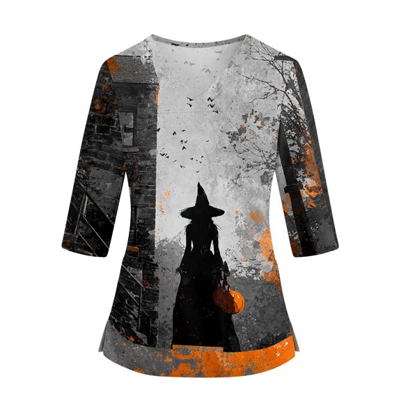 Halloween Scrub Tops for Woman Plus Size Stretch V-Neck 3/4 Sleeve Nursing Scrub Shirts Breathable Lightweight Medical Uniform 01-Gray M