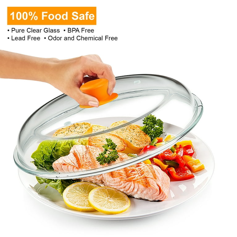 Microwave Glass Plate Cover for Food Vented, Large 12 Inch, With Easy Grip  Heat Resistant Silicone Handle