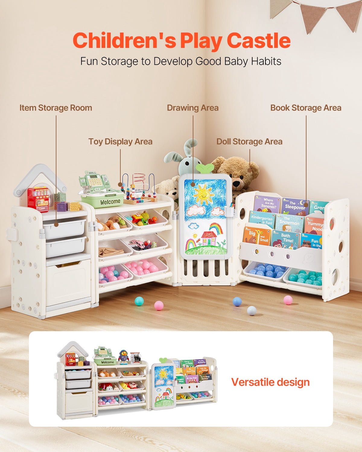 VEVOR Kids Toy Storage with Bookshelf,4-Tier Large Toy Storage Organizer with 10 Plastic Movable Bins,Kids Cubby Cabinet with Bookshelf and Drawing Board for Study Room, Playroom, Classroom, Nursery