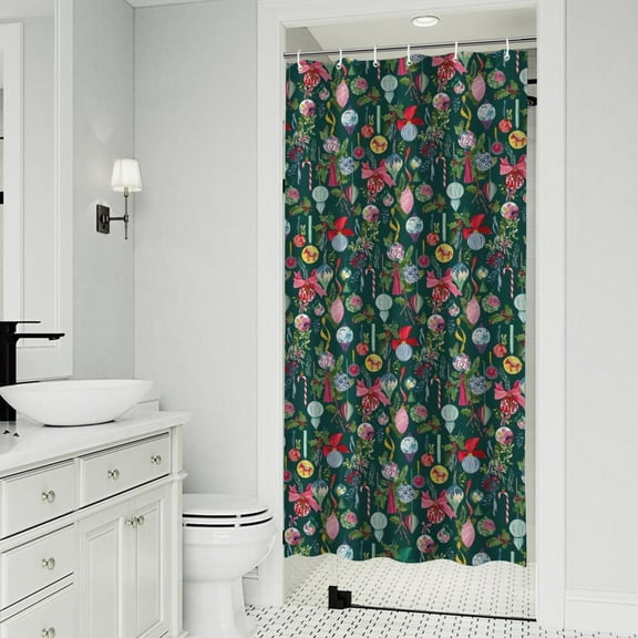 Dark Green Christmas Ornament Pattern Shower Curtain 36"x72" ,Bathroom Decorative Shower Curtains Set with 12 Hooks,Modern Waterproof Washable Shower Curtain