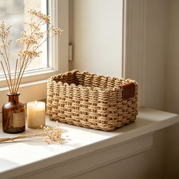 Handmade Vintage Woven Rattan Storage Basket, Sturdy Durable Natural Paper Rope Divided Organizer Bin Decorative Storage Caddy for Bathroom Bedroom Kitchen Office Makeup Sundries Organization