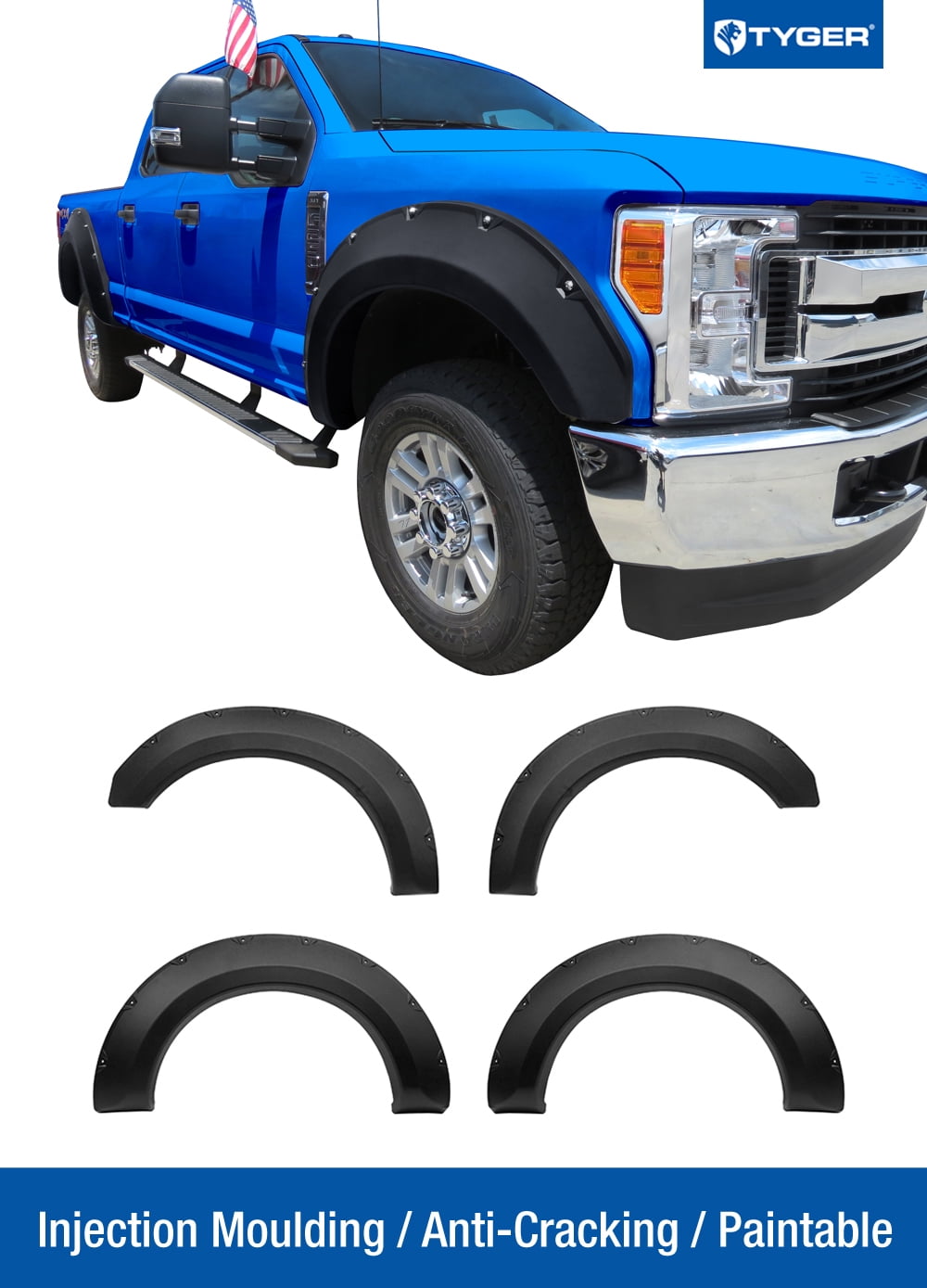 fender flares for ford f250 on Tyger Auto Tg Ff9f4288 For 2017 Ford F250 F350 Super Duty Only Fit Styleside Models Paintable Fine Textured Matte Black Pocket Bolt Riveted Style Fender Flare Set 4 Piece Walmart Com Walmart Com